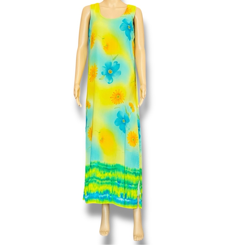 Sleeveless Yellow & Aqua Floral Maxi Dress with Scarf